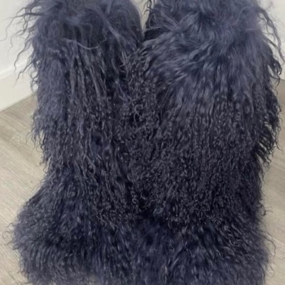 Navy Blue Real Fur Shaggy Boots - Picture 1 of 5